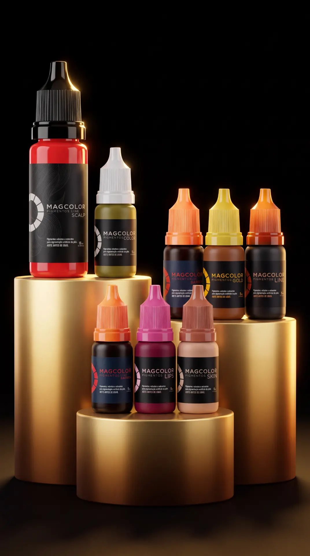 Linha de pigmentos Mag Color sobre pedestais dourados — ação Cor da Independência